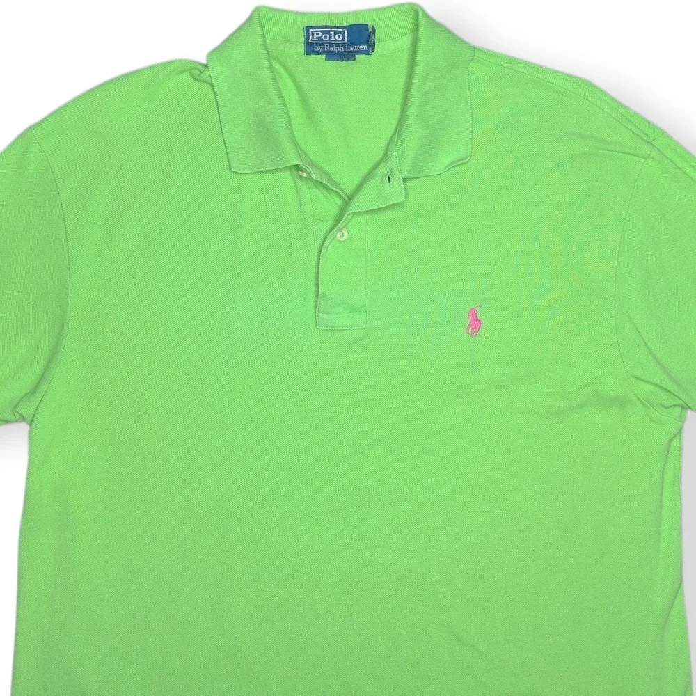 Polo Ralph Lauren Men's L Green Short Sleeve Polo Shirt Pink Pony 100% Cotton‎